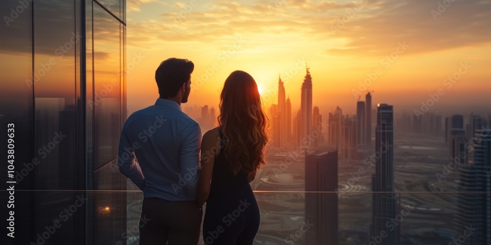 Fototapeta premium A couple gazes at the breathtaking sunset over a city skyline. The image captures romance and tranquility. Perfect for love stories or city life themes. It embodies a serene moment. AI