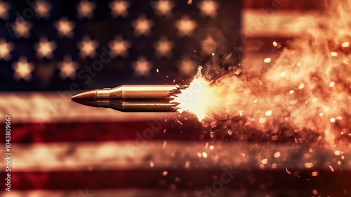 Bullet shattering with fiery impact in front of the American flag, symbolizing gun violence and political turmoil in the United States