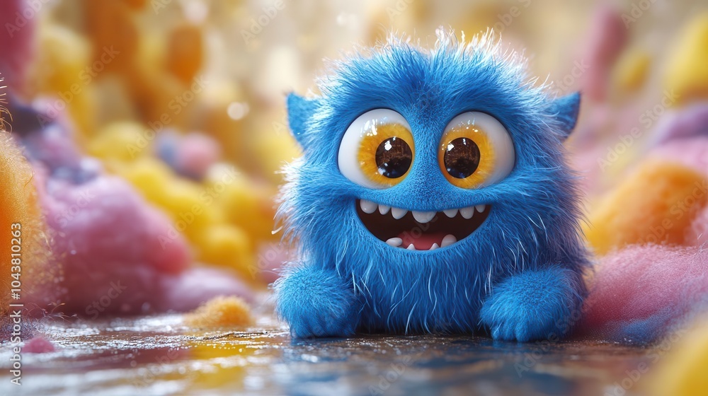 cute blue furry monster character in a whimsical 3d cartoon style exuding charm and playfulness surrounded by colorful fantastical elements perfect for childrens illustrations or fun branding