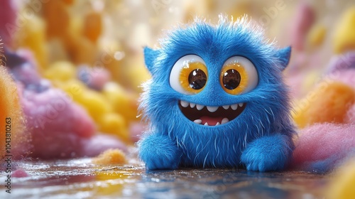 Obraz na płótnie cute blue furry monster character in a whimsical 3d cartoon style exuding charm and playfulness surrounded by colorful fantastical elements perfect for childrens illustrations or fun branding w salonie