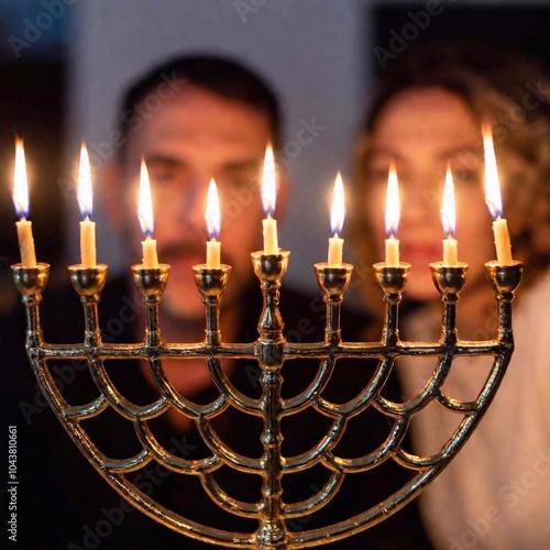 A macro photo focusing on the faces of a caucasian female and male adult pair, with deep focus on the flickering menorah candles in front of them, eye level shot reflecting the peace and spirituality photo