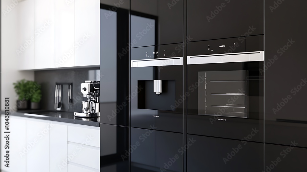 Fototapeta premium Modern Black Coffee Machine in a Stylish Kitchen with Cup - Sleek Home Appliance Closeup