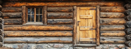 Aged wooden log cabin wall, showcasing rustic charm, textured surfaces, natural patina, and a warm, inviting atmosphere.