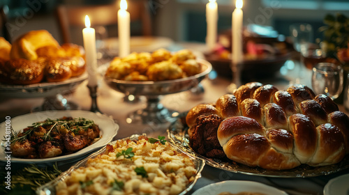 Traditional Jewish holiday meal with challah and latkes photo