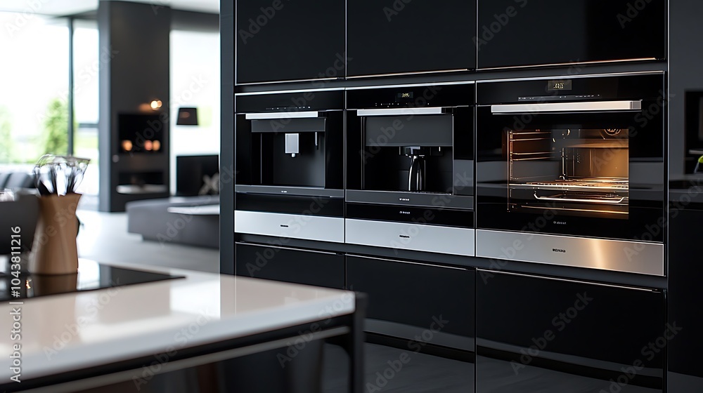 Modern Black Coffee Machine in a Stylish Kitchen with Cup - Sleek Home Appliance Closeup Modern Black Coffee Machine in a Stylish Kitchen with Cup - Sleek Home Appliance Closeup