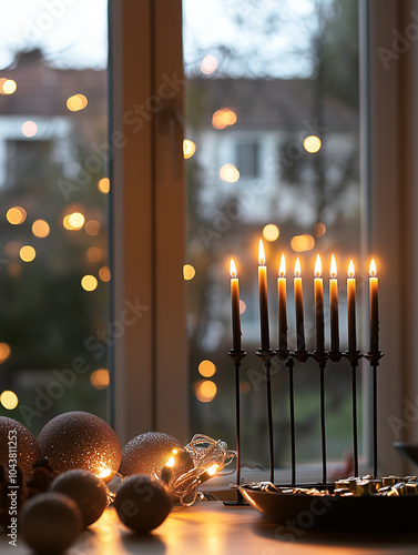 Black menorah with glowing candles on windowsill at dusk photo