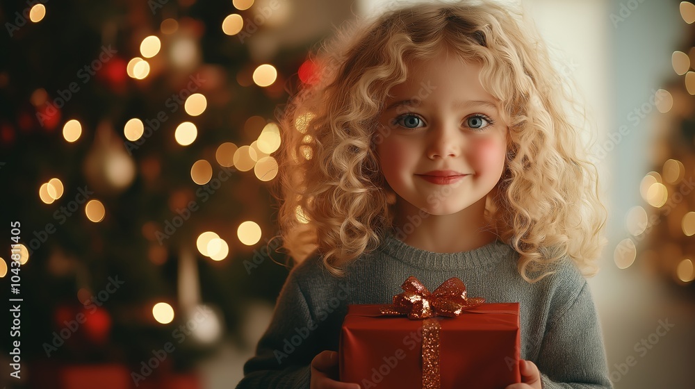 A little girl with new year's gift box in her hands A little girl with new year's gift box in her hands