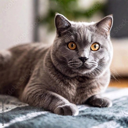 British Shorthair urled up on a blanket, close-up on its relaxed face and fur in sharp focus, with the cozy living room environment fading into a soft blur photo