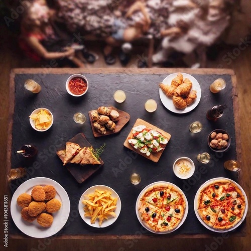 an extreme long shot of a party scene with a large table covered in a spread of junk food like pizza, wings, sliders, and various desserts. Show the full party setup including decorations and guests