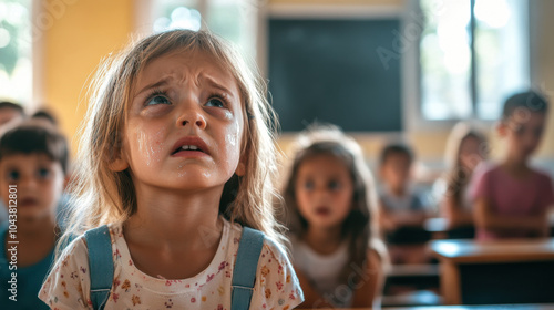 close up of 6 year old girl looking worried in school classroom, surrounded by classmates. emotional expression highlights her concern and anxiety