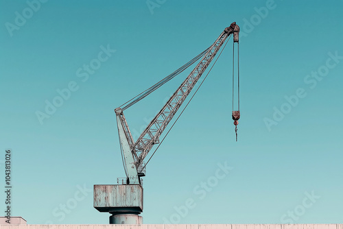 Minimalist view of a single crane arm extending into a clear sky, no other objects in sight.