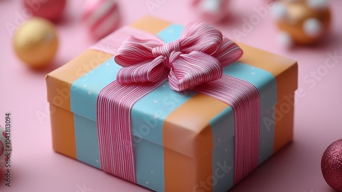 Gift box wrapped with pink ribbon and decorative background photo