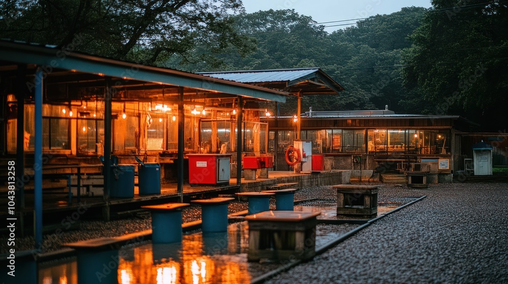 Cozy outdoor dining area with warm lighting at dusk. Cozy outdoor dining area with warm lighting at dusk.
