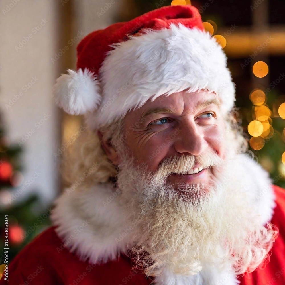 Father Christmas laughing heartily, his eyes crinkled in joy and his beard slightly blurred for a soft, festive ambiance. Close Up (CU), Soft Focus, Eye Level Shot, photo, Caucasian, male, adult Father Christmas laughing heartily, his eyes crinkled in joy and his beard slightly blurred for a soft, festive ambiance. Close Up (CU), Soft Focus, Eye Level Shot, photo, Caucasian, male, adult