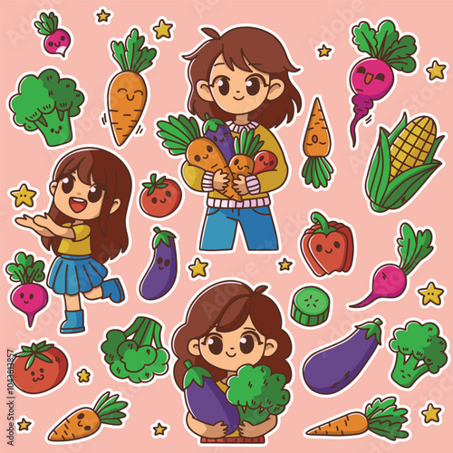 Greeting card healthy food, baby food, lots of vegetables around, pink background, three happy cute girls, dream, happiness, lots of stars nearby, stickers