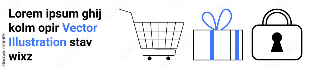 Contains a shopping cart, a gift box, and a lock. Ideal for online shopping, e-commerce, gift giving, security, and digital transactions. Banner for landing page Contains a shopping cart, a gift box, and a lock. Ideal for online shopping, e-commerce, gift giving, security, and digital transactions. Banner for landing page