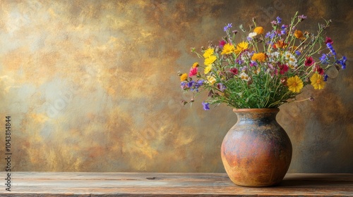 Wallpaper Mural A rustic ceramic vase holding a wildflower bouquet, placed on a weathered wooden table against a warm Torontodigital.ca