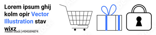Contains a shopping cart, a gift box, and a lock. Ideal for online shopping, e-commerce, gift giving, security, and digital transactions. Banner for landing page