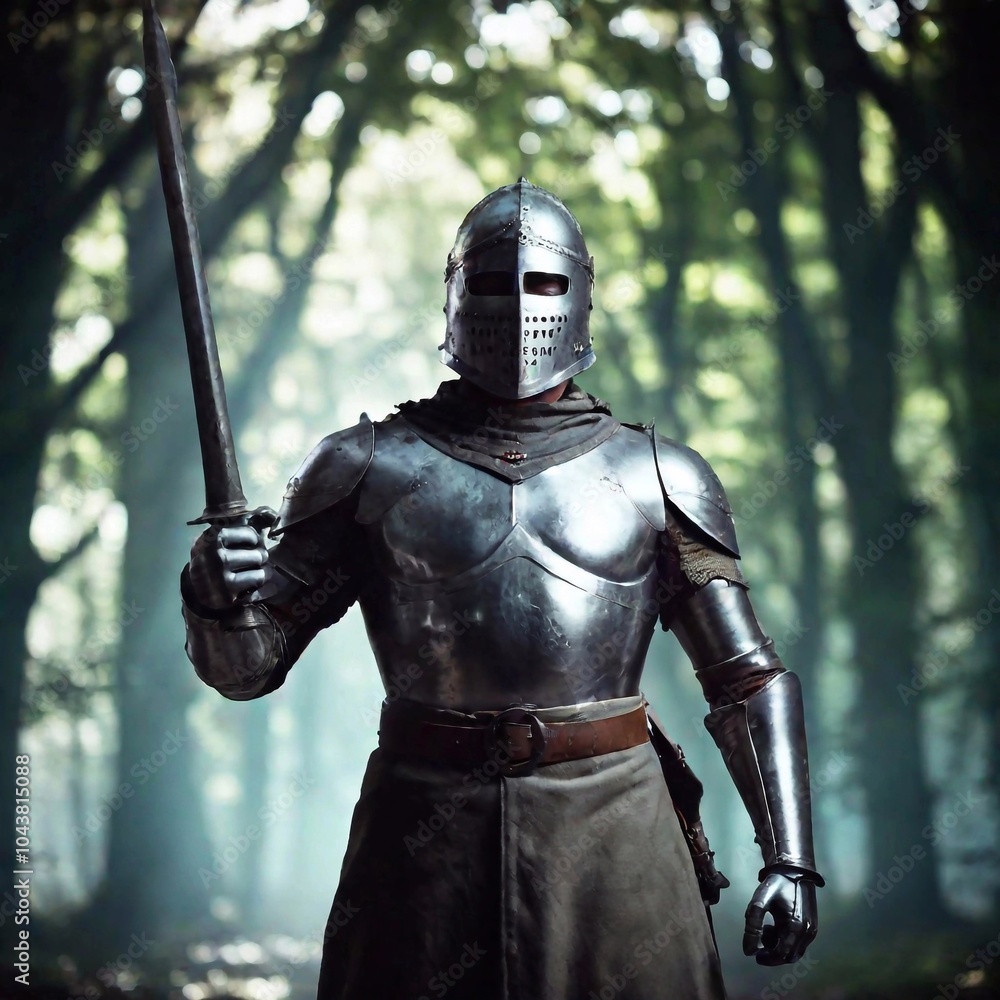 knight in the forest. medieval knight with shield and armor knight in the forest. medieval knight with shield and armor