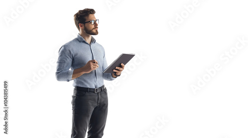 Businessman standing confidently, dressed in a formal suit, isolated on a transparent white background, conveying professionalism and leadership, clean and simple design focusing on the individual.