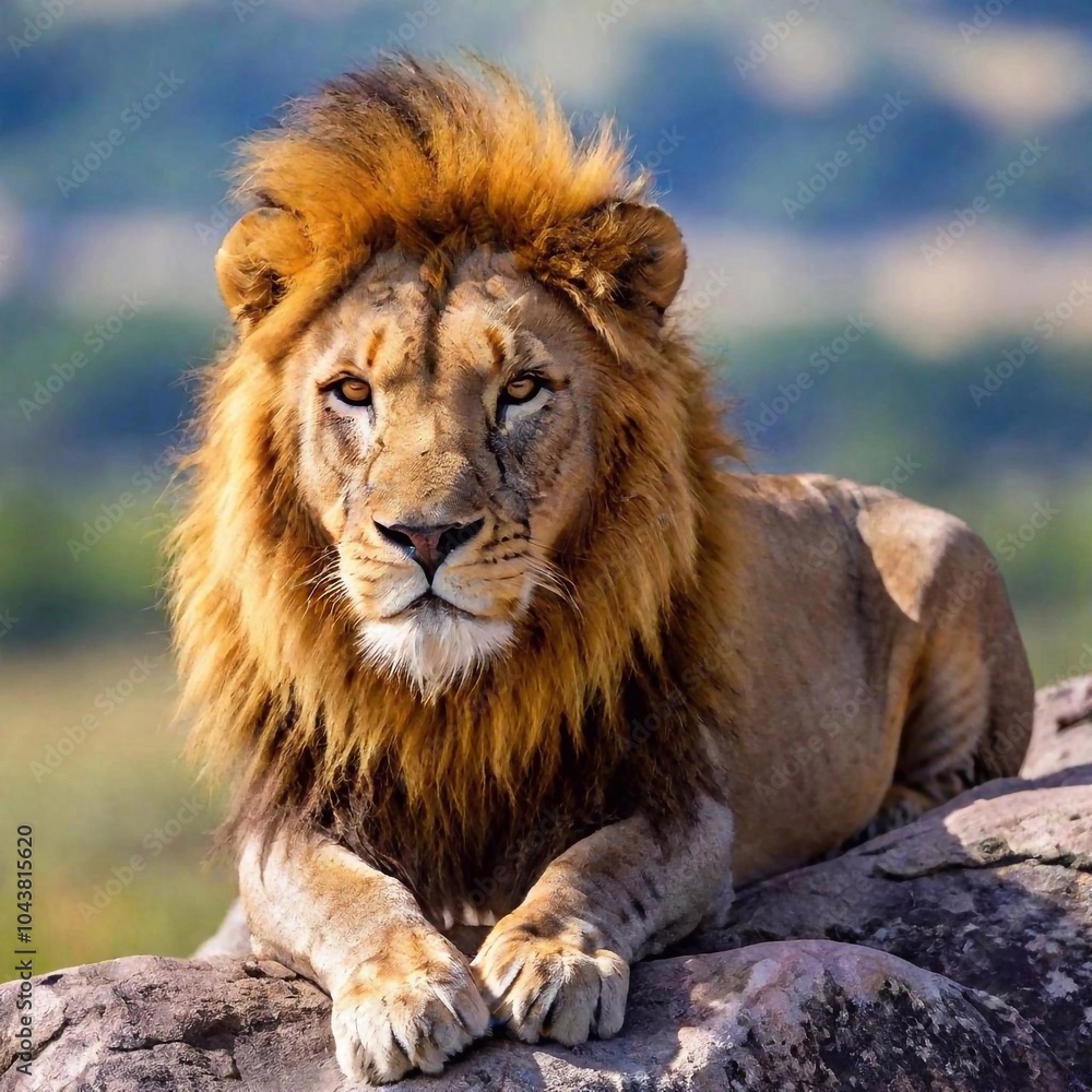 Fototapeta premium A macro photo of a lion resting on a rocky outcrop, deep focus on its relaxed posture and the texture of its mane, high-angle shot capturing the full body of the lion and the expansive landscape