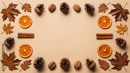 Wallpaper Mural Autumn Flat Lay A Symmetrical Arrangement of Dried Orange Slices, Brown Oak Leaves, Pine Cones, Walnuts, and Cinnamon Sticks on a Beige Background, Capturing the Essence of Fall Torontodigital.ca