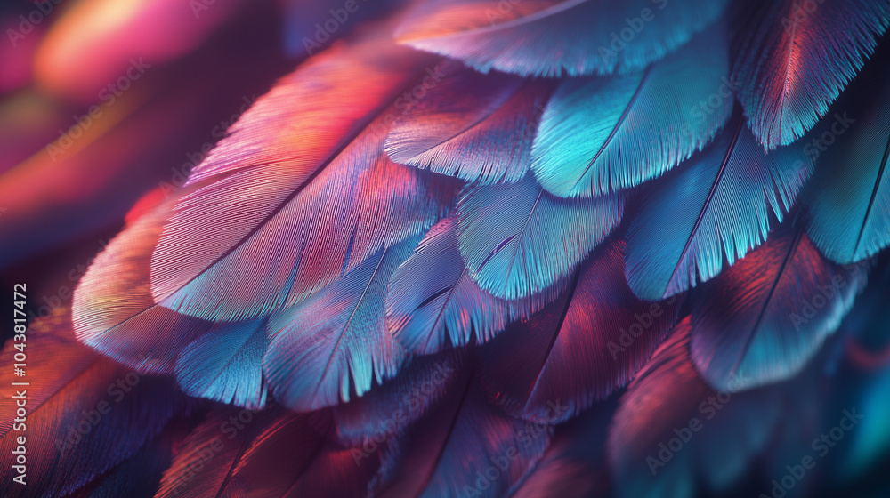 Fototapeta premium Stunning macro image capturing the shimmering brilliance of layered bird feathers forming a vibrant backdrop