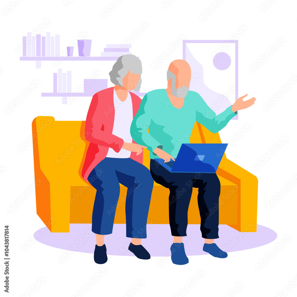 Pair of elderly man and woman surfing internet together. Happy old couple watching video on tablet pc. Grandparents sitting with gadget in living room. Elderly people are using modern technologies Pair of elderly man and woman surfing internet together. Happy old couple watching video on tablet pc. Grandparents sitting with gadget in living room. Elderly people are using modern technologies