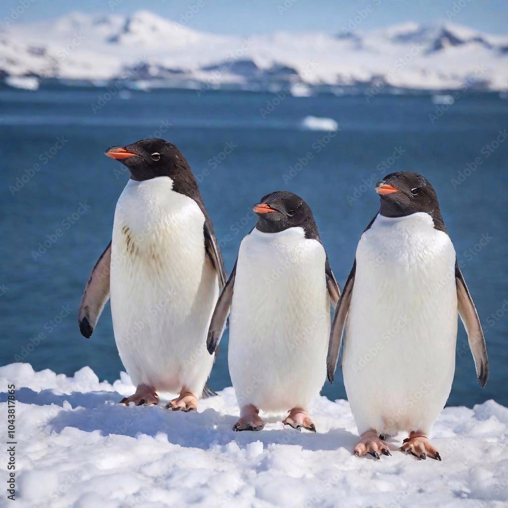 Fototapeta premium A medium shot of a family of penguins huddled together on an icy landscape, with rack focus highlighting the closest penguin's details while the others and the icy backdrop are gently blurred