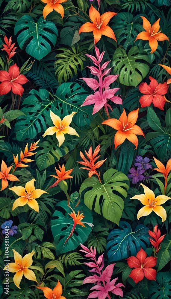 Tropical exotic pattern with animal and flowers in bright colors and lush vegetation Tropical exotic pattern with animal and flowers in bright colors and lush vegetation