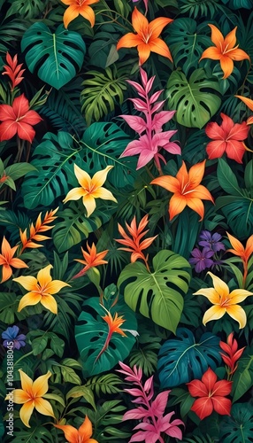 Tropical exotic pattern with animal and flowers in bright colors and lush vegetation