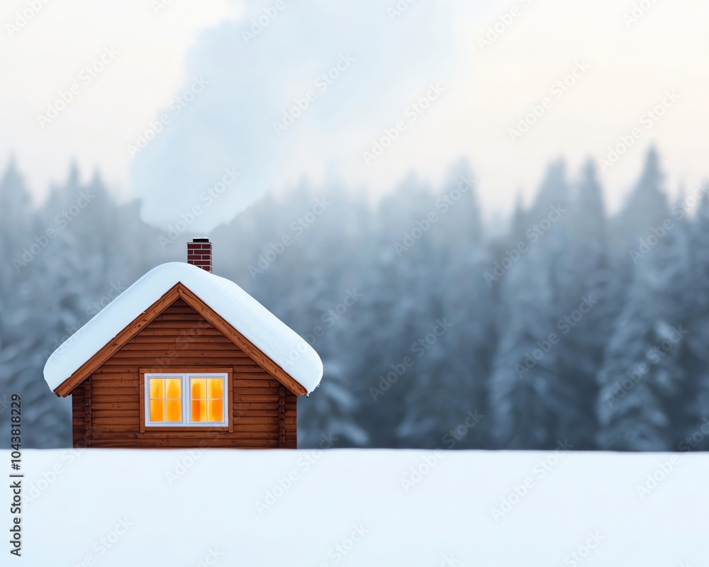 Cozy wooden cabin with glowing windows nestled in a snowy forest, emitting warm chimney smoke against a serene winter landscape. Cozy wooden cabin with glowing windows nestled in a snowy forest, emitting warm chimney smoke against a serene winter landscape.