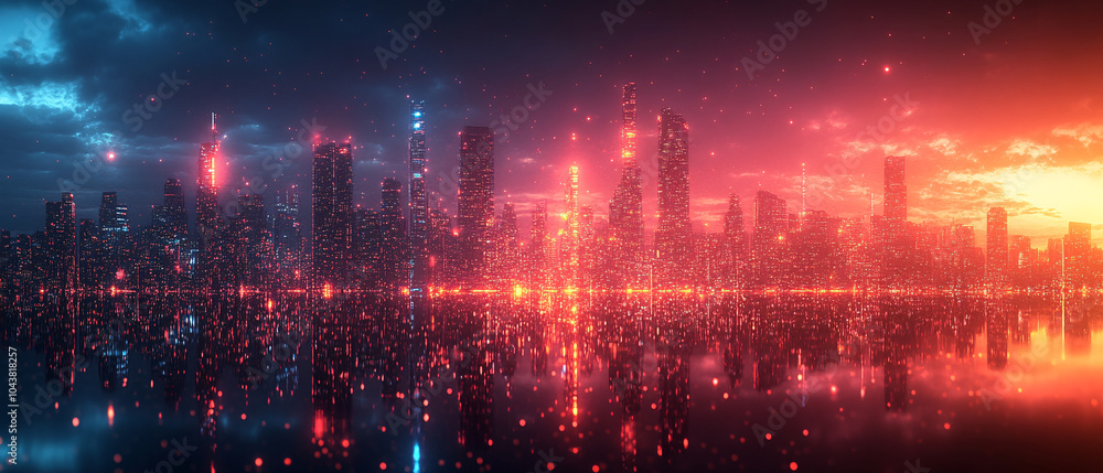 Fototapeta premium Futuristic Cityscape with Neon Lights and Water Reflections