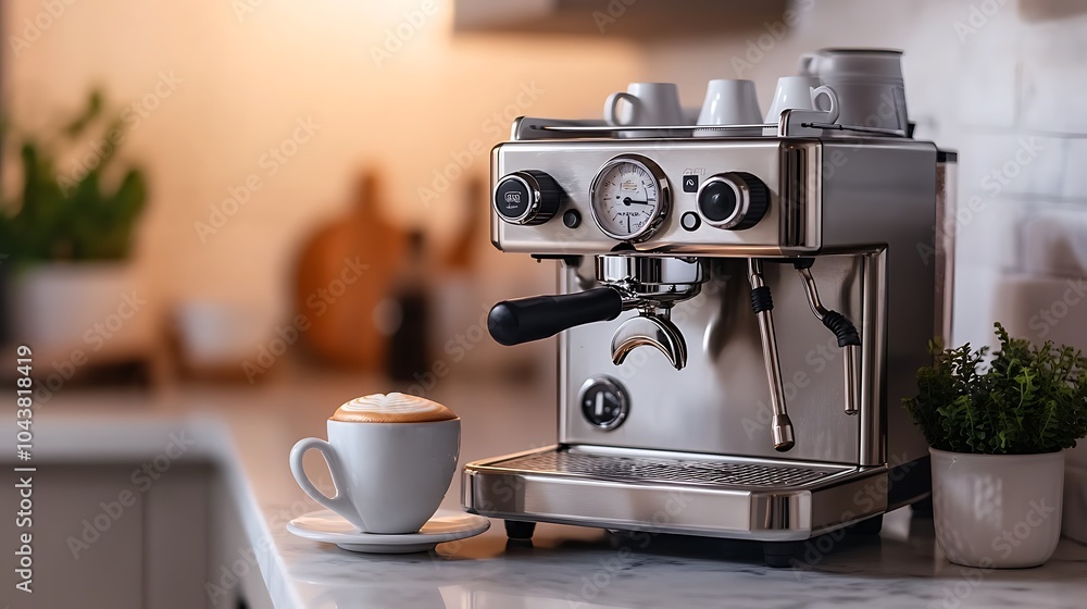 Modern Black Coffee Machine in a Stylish Kitchen with Cup - Sleek Home Appliance Closeup Modern Black Coffee Machine in a Stylish Kitchen with Cup - Sleek Home Appliance Closeup