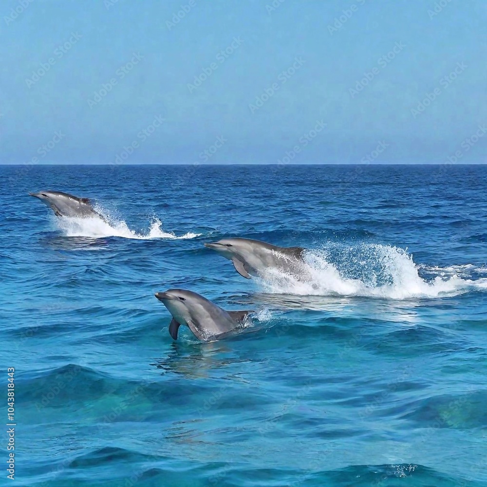 Fototapeta premium A long shot of a group of dolphins leaping out of the water, with a focus pull transitioning from the dolphins to the vast ocean expanse and the sun's rays filtering through the water