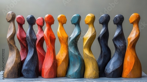 diversity and inclusion represented through a creative arrangement of wooden and colored figures symbolizing unity and harmony in a vibrant artistic display