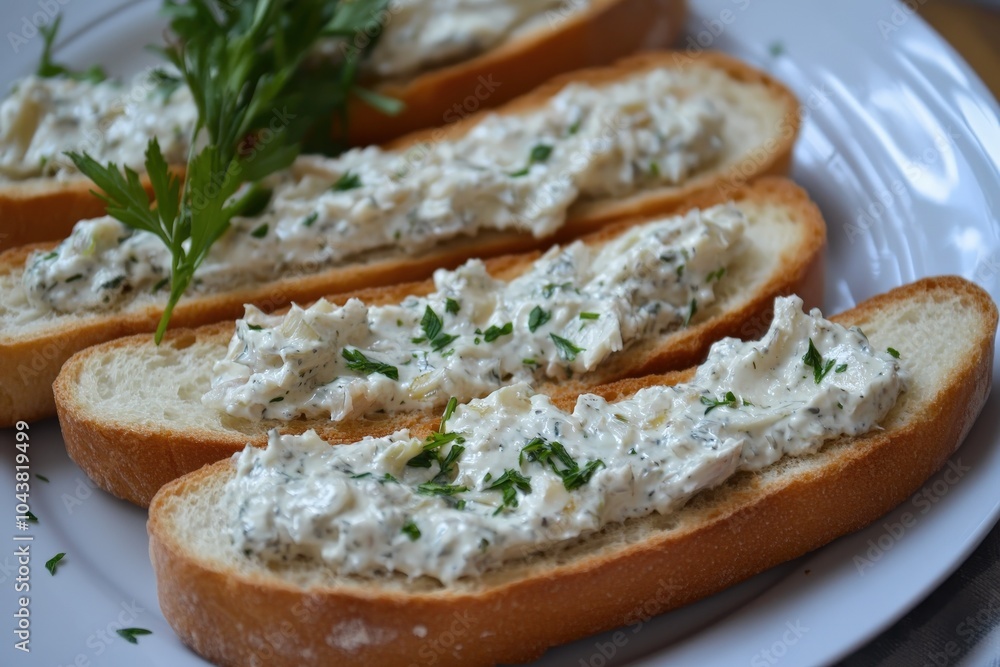 Fish Spread Canape on Baguette Bread with Creamy Cheese and Herbs for Breakfast Fish Spread Canape on Baguette Bread with Creamy Cheese and Herbs for Breakfast