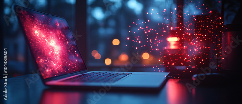 Fototapeta Naklejka Na Ścianę i Meble -  Laptop with Galaxy Wallpaper  in a dimly lit room with red lights, Laptop with Galaxy Wallpaper  in a dimly lit room with red light