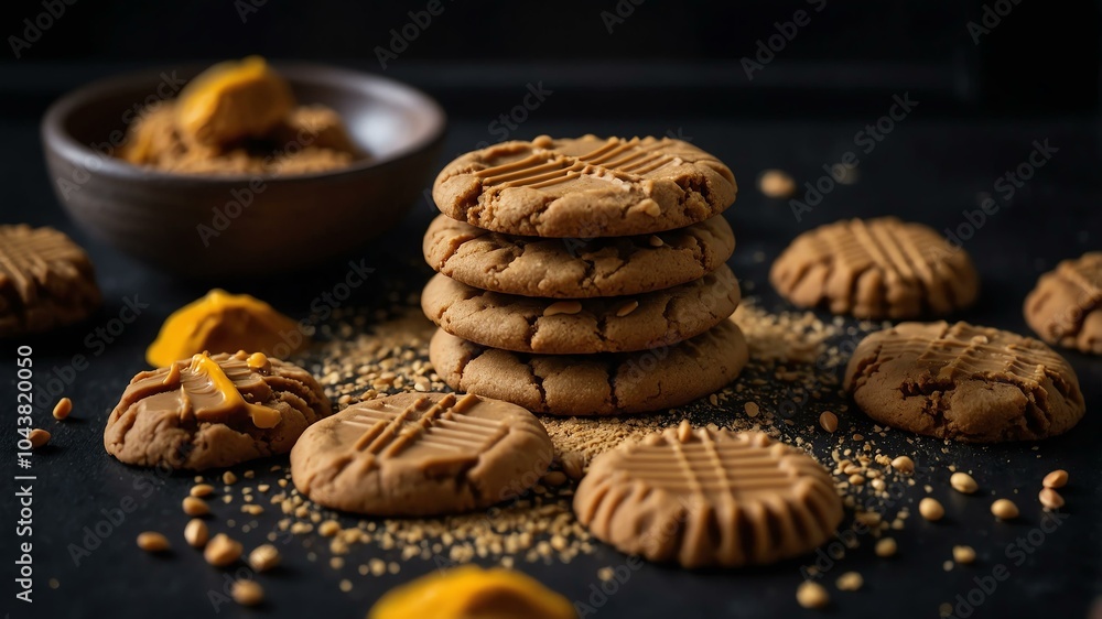 Aesthetic preparation of peanut butter cookies on a black themed kitchen. bokeh style. Aesthetic preparation of peanut butter cookies on a black themed kitchen. bokeh style.