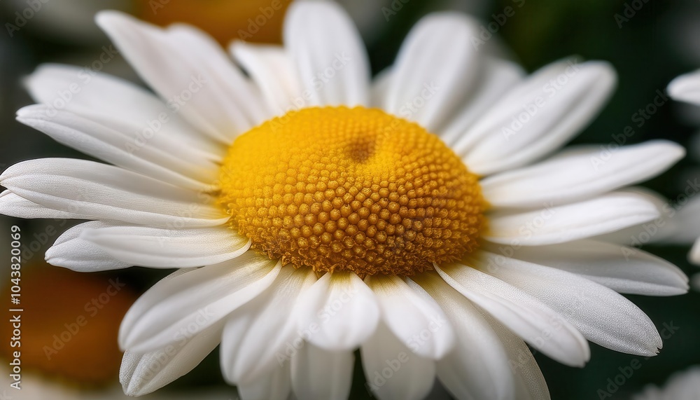 Fototapeta premium Macro Close-Up of a White Daisy Flower with Detailed Yellow Center, Perfect for Nature, Spring, Floral Design Concepts, and Environmental Themed Use in Print or Digital Media