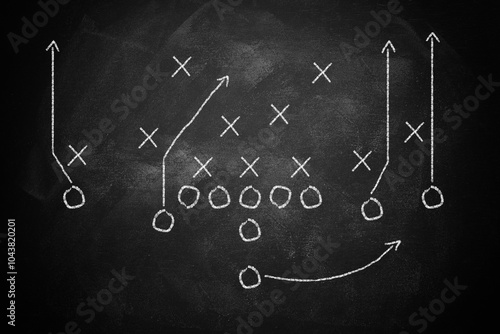 Scheme of football game on chalkboard background. Four verticals. American football playbook for college and high school.