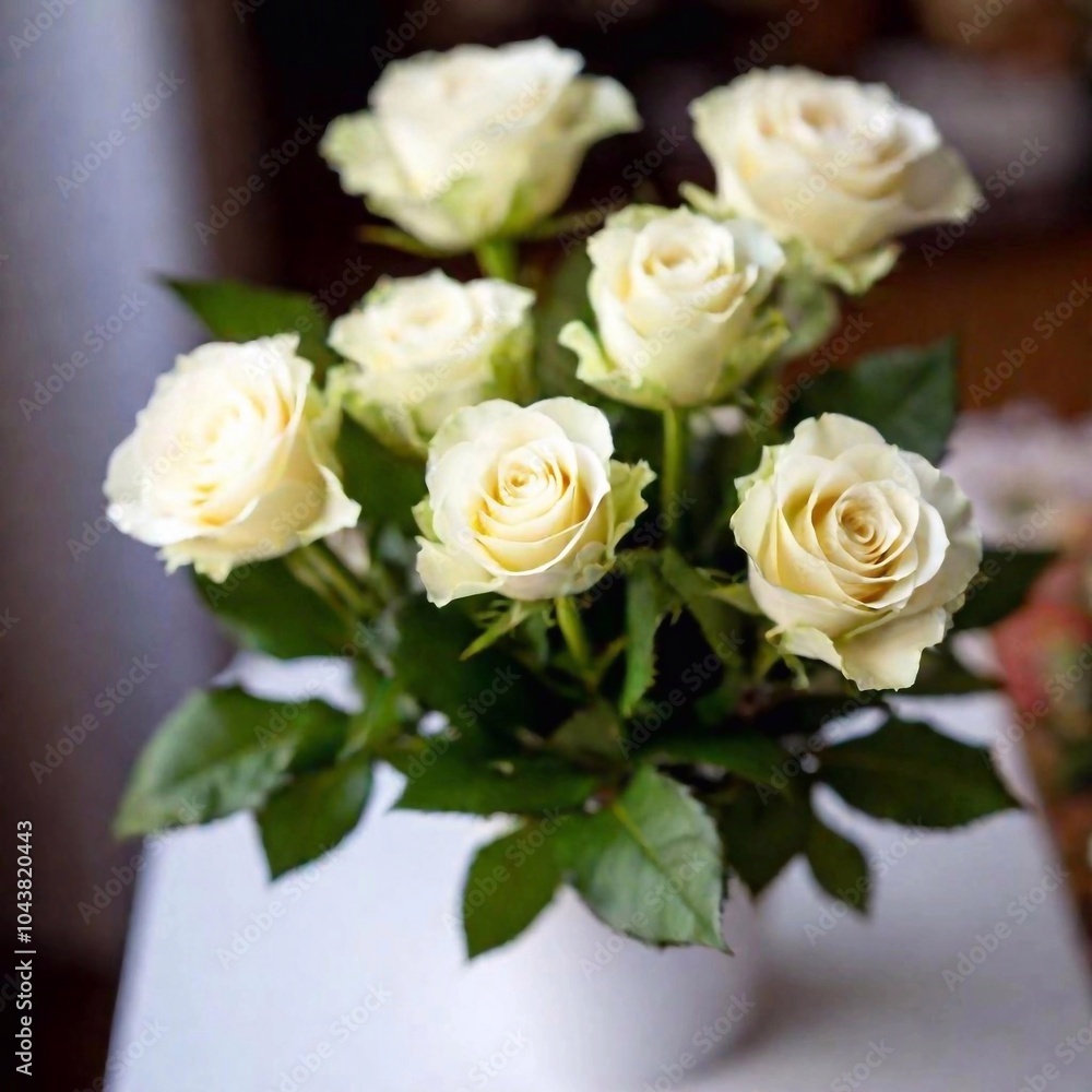 A delicate bouquet of white roses on blurred background A delicate bouquet of white roses on blurred background