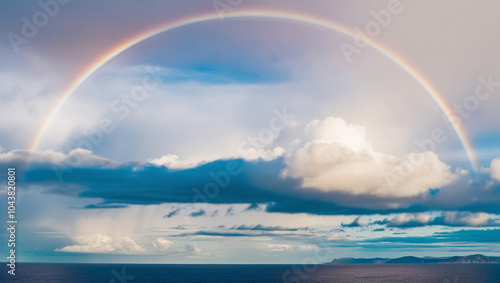 Awe-Inspiring Landscape A Photograph Featuring a Vibrant Circular Rainbow Halo Over a Shimmering Ocean, with Silhouetted Mountainous Coastline and Fluffy White Clouds