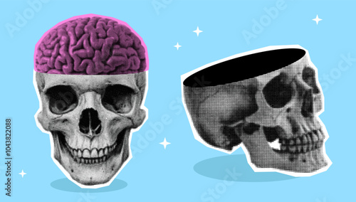 Halloween grunge halftone skull with brain. Collage dots  design elements. 