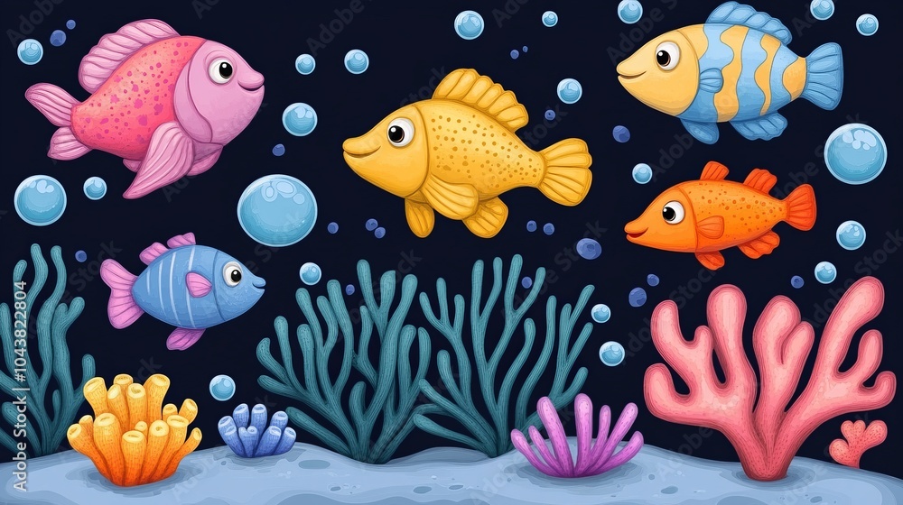 Five colorful fish swimming in the ocean with coral, seaweed and bubbles. Five colorful fish swimming in the ocean with coral, seaweed and bubbles.
