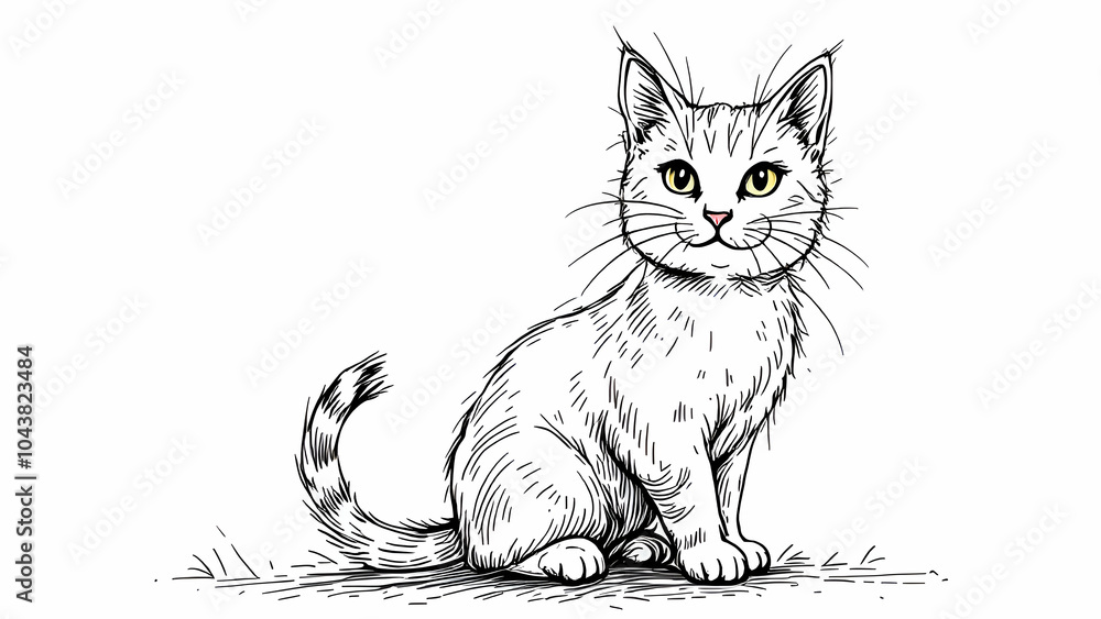 Obraz premium A black and white line drawing of a white cat sitting with its tail curled behind it. The cat has large, round eyes, a pink nose, and a slight smile.
