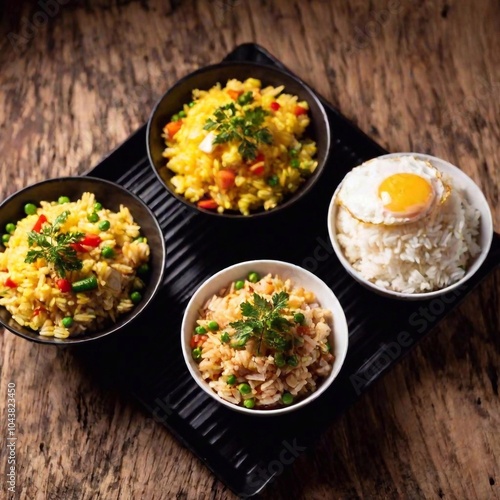 Fried Rice Variety: A flatlay of different styles of fried rice, including Yangzhou fried rice, pineapple fried rice, and egg fried rice, each presented in separate bowls with colorful garnishes.