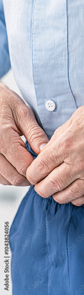 Fototapeta premium This image captures the intricate moment of an elderly individual fastening a button on a light blue shirt showcasing the elegance and gentleness of aging hands in everyday tasks