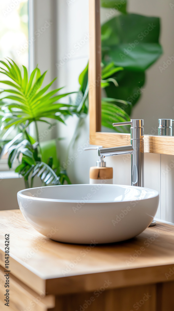 Fototapeta premium Elegant minimalist bathroom design featuring a stylish sink and lush greenery