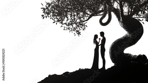 Silhouette of Adam and Eve alongside a serpent, depicting the iconic biblical scene, isolated on a transparent background, capturing the essence of temptation and the story of creation.